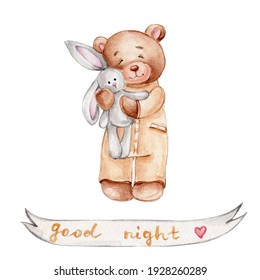 Cute Teddy Bear With Bunny Toy; Watercolor Hand Drawn Illustration; Can Be Used For Baby Shower Or Card; With White Isolated Background