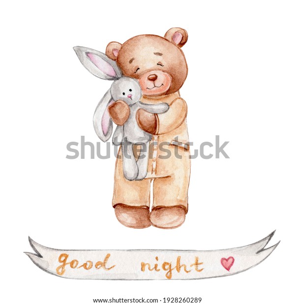 Cute teddy bear with bunny toy; watercolor\
hand drawn illustration; can be used for baby shower or card; with\
white isolated\
background
