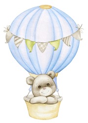 Cute Teddy Bear, Flying In A Balloon, Blue Color, Watercolor Cartoon-style Clipart.