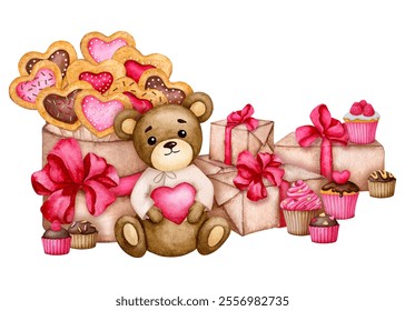 Cute Teddy bear with gifts and sweets. Valentine's Day, Birthday composition. Design for postcard, greeting card, poster, etc. Watercolor illustration isolated on white background. - Powered by Shutterstock