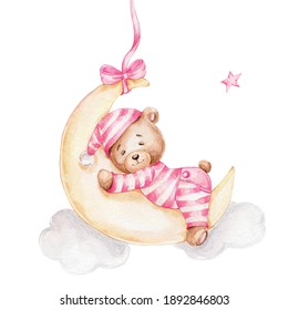 Cute teddy bear girl sleeping on the moon; watercolor hand drawn illustration; can be used for baby shower or postcard; with white isolated background - Powered by Shutterstock