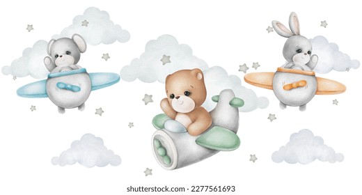 Cute teddy bear hare mouse fly in the sky;watercolor illustration white background isolated