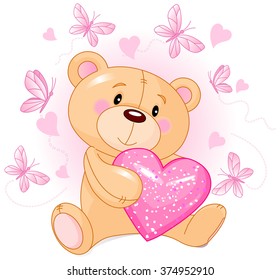 Cute Teddy Bear Holds Pink Love Heart