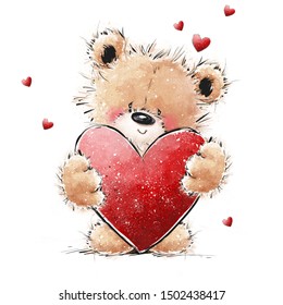 Cute Teddy Bear in love and big red heart  Valentines Mothers day postcard  