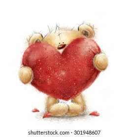 Cute Teddy Bear in love and big red heart  Valentines Mothers day postcard  