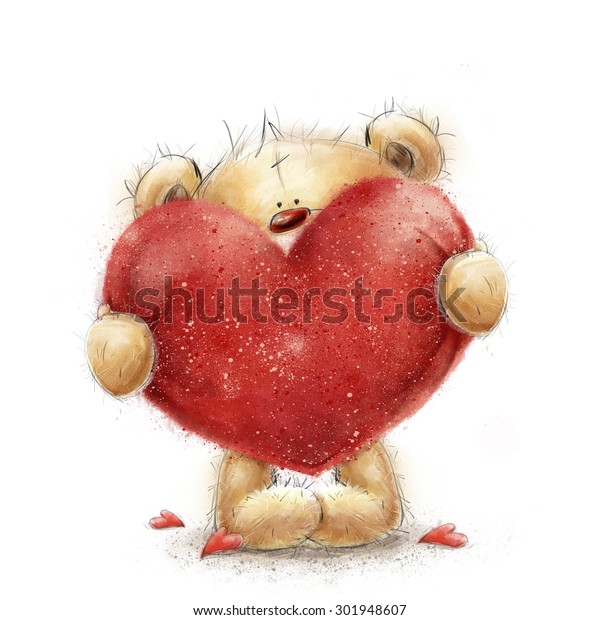 Cute Teddy Bear in love with big red heart. Home nursery wallpaper mural. 