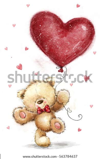 可愛いテディベアが大きな赤い心風船に恋をして バレンタインデー