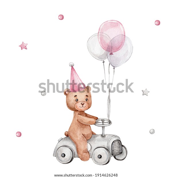 Cute teddy bear on a car and pink\
balloons; watercolor hand drawn illustration; can be used for baby\
shower or cards; with white isolated\
background