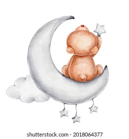 Cute teddy bear on the grey moon; watercolor hand drawn illustration; with white isolated background