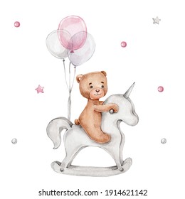 Cute teddy bear on unicorn toy and pink balloons; watercolor hand drawn illustration; can be used for baby shower or cards; with white isolated background
