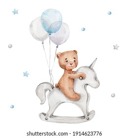 Cute teddy bear on unicorn toy and blue balloons; watercolor hand drawn illustration; can be used for baby shower or cards; with white isolated background