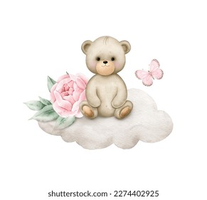 A cute teddy bear with a pink flower sitting on a cloud.
Watercolor hand painted illustration isolated on white background. - Powered by Shutterstock