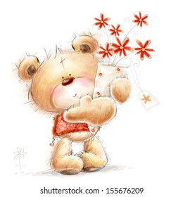 Cute Teddy bear and the red flowers  Happy Birthday Valentines greeting card I love you  