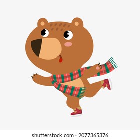 A cute teddy bear in a scarf is skating on a frozen river. The bear cub is having fun at the rink. Childish character illustration