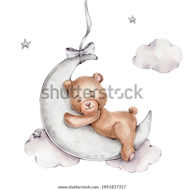 sleeping teddy bear on moon