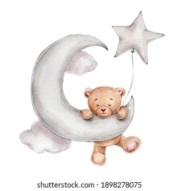 Cute teddy bear with star balloon on the moon; watercolor hand drawn illustration; can be used for kid poster or card; with white isolated background - Powered by Shutterstock