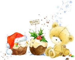 Cute Teddy Bear. Watercolor Illustration. Christmas Greeting Card. 