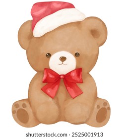 Cute teddy bear wearing a red Santa hat, red bow, and bell in watercolor. - Powered by Shutterstock