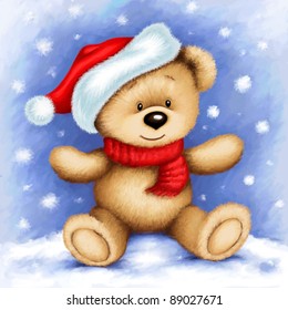 cute teddy bear wearing Santa's cap   red scarf  surrounded by snowflakes