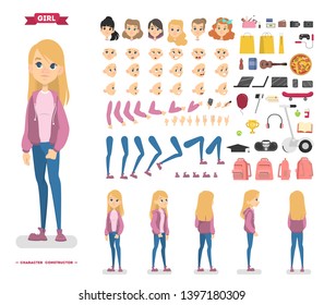 Cute Teen Girl Character Set For Animation With Various Views, Hairstyles, Emotions, Poses And Gestures. Isolated  Illustration