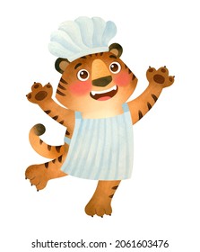 Cute Tiger Chef. A Funny Character In A Chef's Cap And Apron. Baker Watercolor Clipart