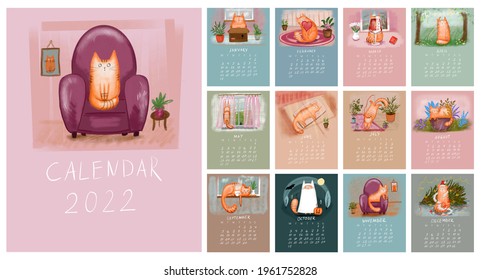 Cute Tiger Hand Drawn Calendar Template For 2022, Year Of The Tiger, Chinese Calendar. Week Starts On Monday. Cartoon