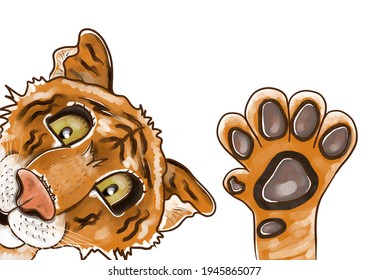 Cute Tiger Wave A Paw Digital Illustration Isolated On White Background 