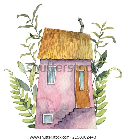Cute tiny beach hut with plants and fern curly twigs on background. Pink walls hay roof with small window and tiny door. Tropical watercolor illustration