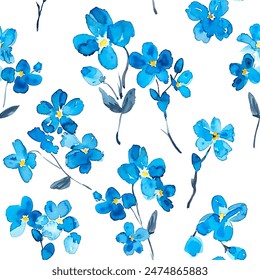 Cute tiny forget-me-not flowers, seamless blue pattern, botanical minimalistic print for fabric and textile on the white background, hand drawn watercolor illustration - Powered by Shutterstock