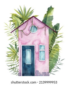 Cute tiny house with tropical garden. Pink violet facade with hanging creeper vine. Banana and palm leaves behind house. Watercolor hand painted cozy bungalow