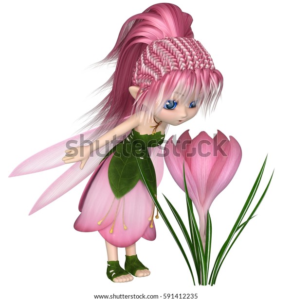 葉にかわいいトゥーンフェアリーとピンクの花びらのドレスが春のクロカスの花を見 デジタルイラスト 3dレンダリング のイラスト素材