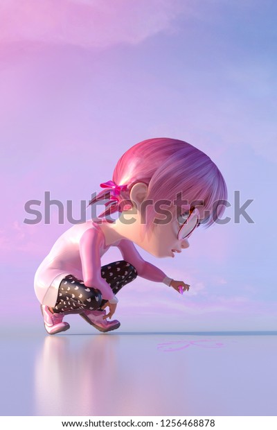 Cute Toon Girl Draw Chalk Crayons Stock Illustration