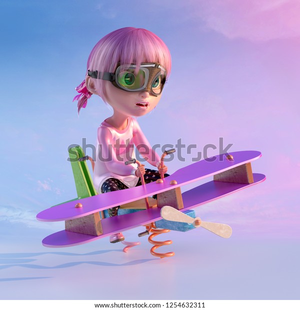 子どもの遊び場で 春の飛行機で揺れるかわいい女の子がシーソーを見る 飛行士の眼鏡とピンクのアニメヘアを持つ小さなかわいい 子どものおかしな漫画のキャラクター 切り取り線 3dイラスト のイラスト素材