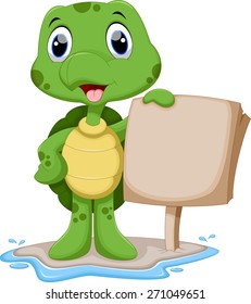 Cute turtle cartoon holding a blank sign