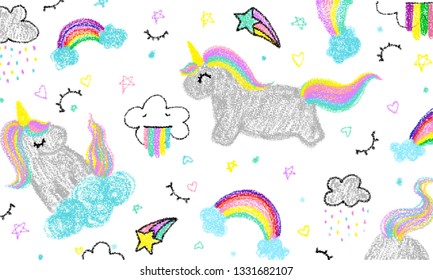 Cute Unicorn Child's Hand Drawn In Pastel Color. Crayon Art Painting Of Unicorn. Baby Background Colorful. Unicorn Kid Art Painting.