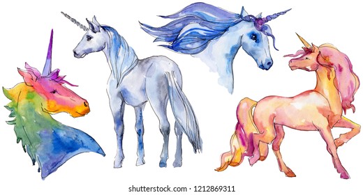 Cute unicorn horse. Fairytale children sweet dream. Rainbow animal horn character. Isolated illustration element. Aquarelle wild animal for background, texture, wrapper pattern or tattoo.