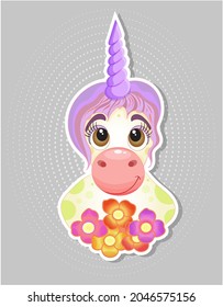 Cute Unicorn On A Gray Background With Flowers. Cartoon Drawing.  Can Be Used To Print Books, Magazines, Stickers, Magnets, Postcards And Collages For Web Design. Childrens Illustration.