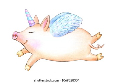  Cute  unicorn, pig cartoon, isolated on white. - Powered by Shutterstock