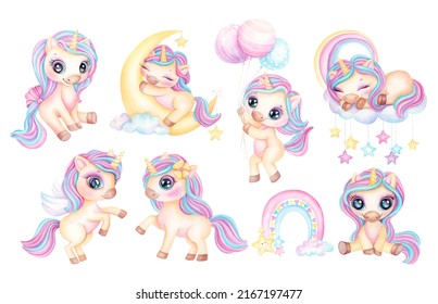 Cute Unicorn Watercolor illustration pastel and candy colors for girls princess poster. Set of magical cartoon unicorns isolated on white background. Trendy cartoon baby horse. Birthday concept.
 - Powered by Shutterstock