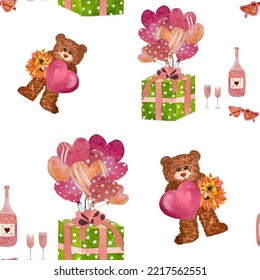  Cute Valentines Bear Seamless Pattern. Valentines Bear, Heart, Balloon, Gift Box, Pink Bottle. Use This Hand Drawn Picture For Cards, Home Decor, Wrapping Paper, Clothes And Fabric. White Background.