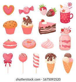 Cute Valentines sweets. Heart lollipop, sweet ice cream and strawberry cake. Candy cartoon  illustration set. Collection of pink romantic desserts and confections - cupcakes, macarons, candies. - Powered by Shutterstock