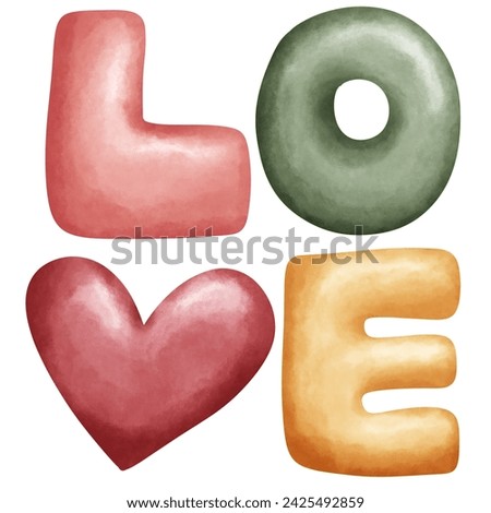 A cute vertical love word text in watercolor style and white background