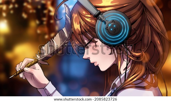 A cute and very tired girl drawn in anime style, she\
is a poet, thoughtfully rubs her forehead with a pen while\
listening to music with headphones with a glowing cat, in a room\
with garlands. 2d art