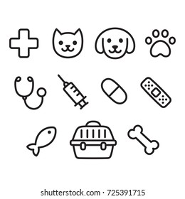 Cute Vet Icon Set. Hand Drawn Line Icons Of Pets, Toys And Veterinary Equipment.