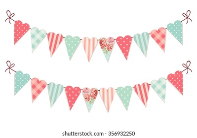 Cute vintage heart shaped shabby chic textile bunting flags ideal for Valentines Day, wedding, birthday, bridal shower, baby shower, retro party decoration etc - Powered by Shutterstock