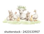 Cute vintage rabbits, goose, lamb, chicken and gosling animals set with floral wreath on meadow isolated on white background. Watercolor hand drawn illustration sketch