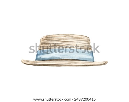 Cute vintage straw hat with blue ribbon isolated on white background. Watercolor hand drawn illustration sketch