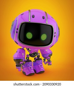 	
Cute violet bot with green digital eyes, 3d rendering on bright orange background