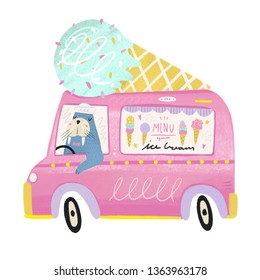 Cute Walrus Driving A Pink Ice Cream Truck. Colorful Hand Drawn Trendy Illustration Isolated On White Background