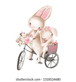 Cute watercolor baby boy and girl bunnies in a bicycle with flowers, floral wreath, bouquet - Powered by Shutterstock